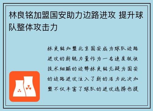 林良铭加盟国安助力边路进攻 提升球队整体攻击力