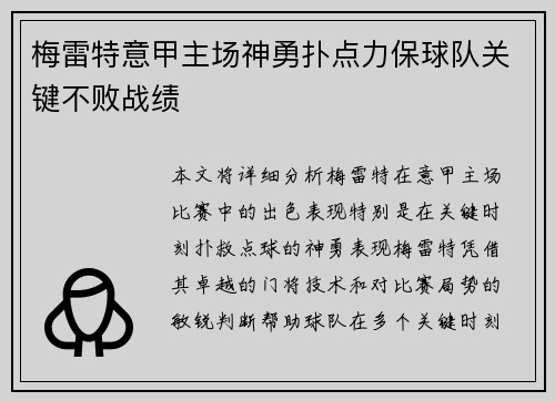 梅雷特意甲主场神勇扑点力保球队关键不败战绩